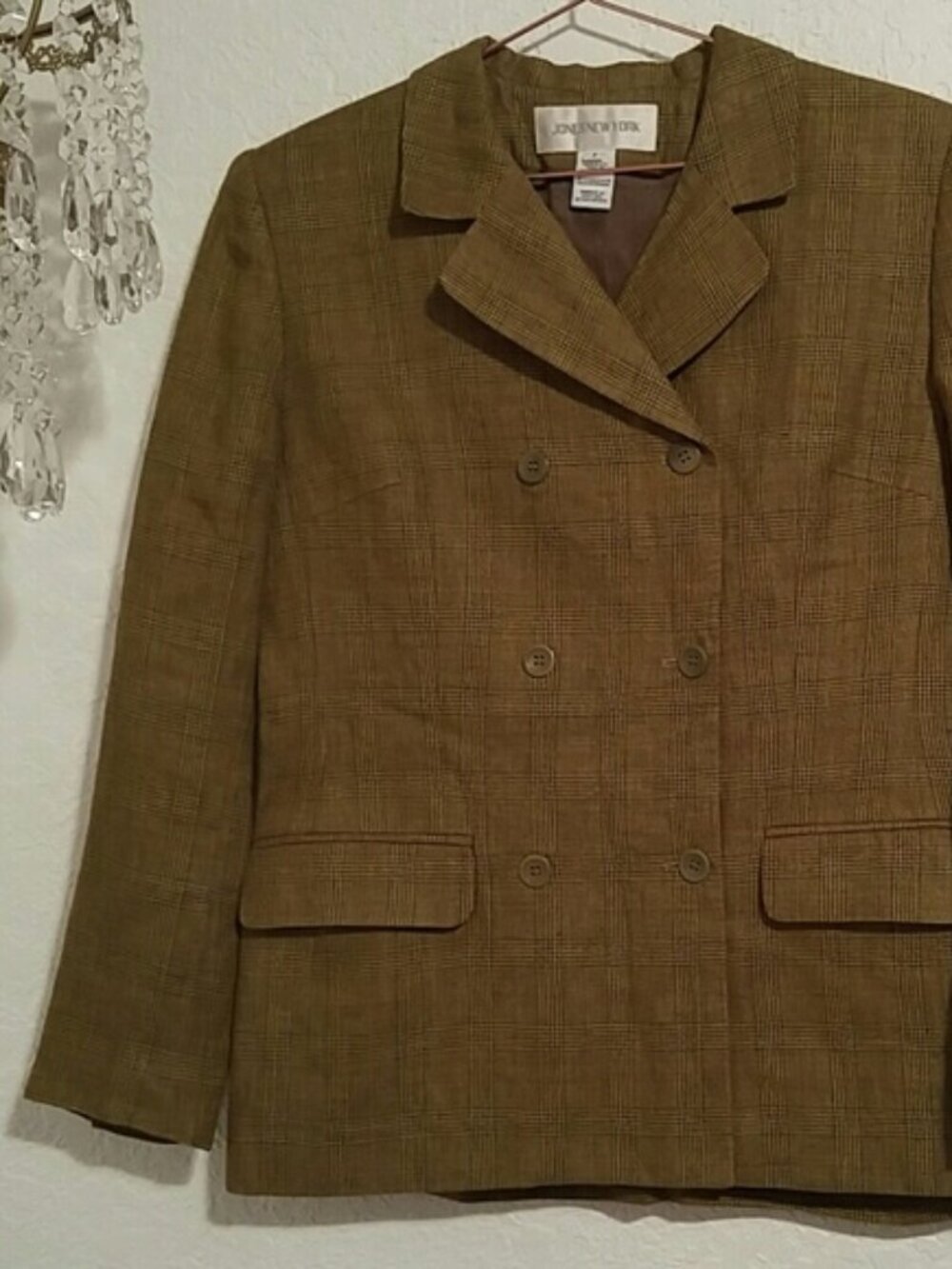 Jones New York SZ 8 Linen Plaid Double Breasted Long Sleeve Satin Lined Blazer